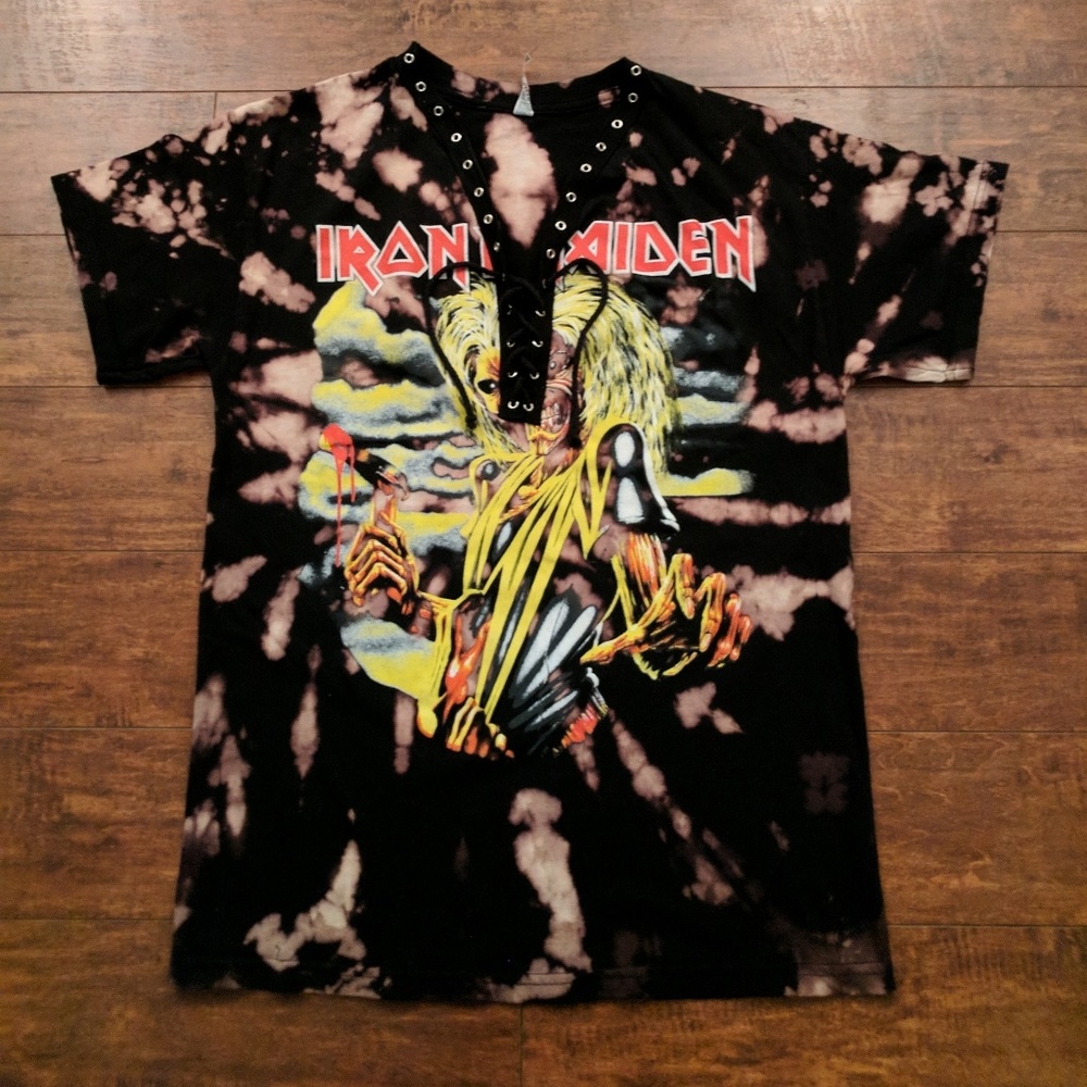Lace Up Bleached Iron Maiden Killers  T-Shirt Dr - Picture 2 of 5